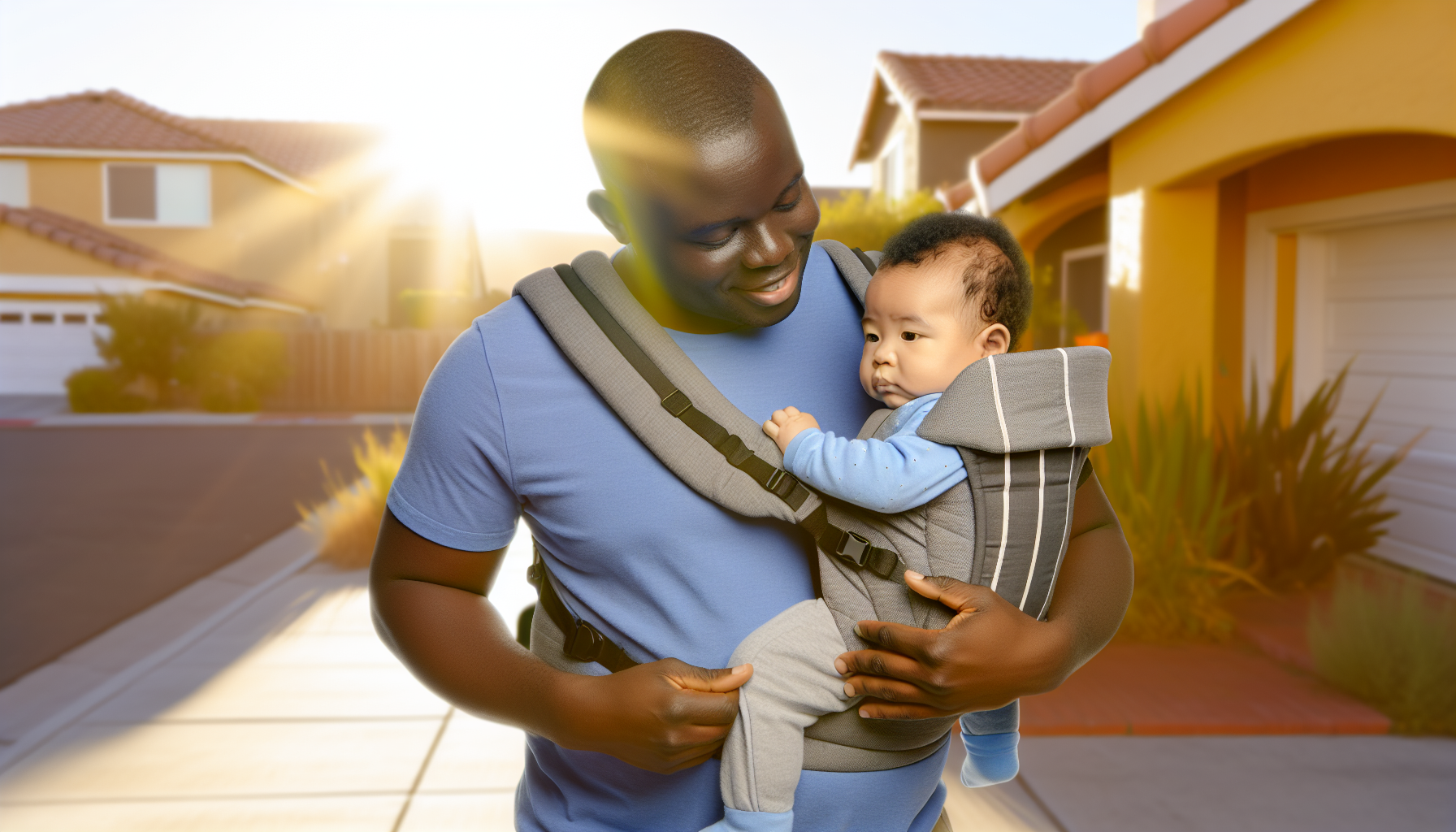 Dad wearing a baby carrier outdoors with infant