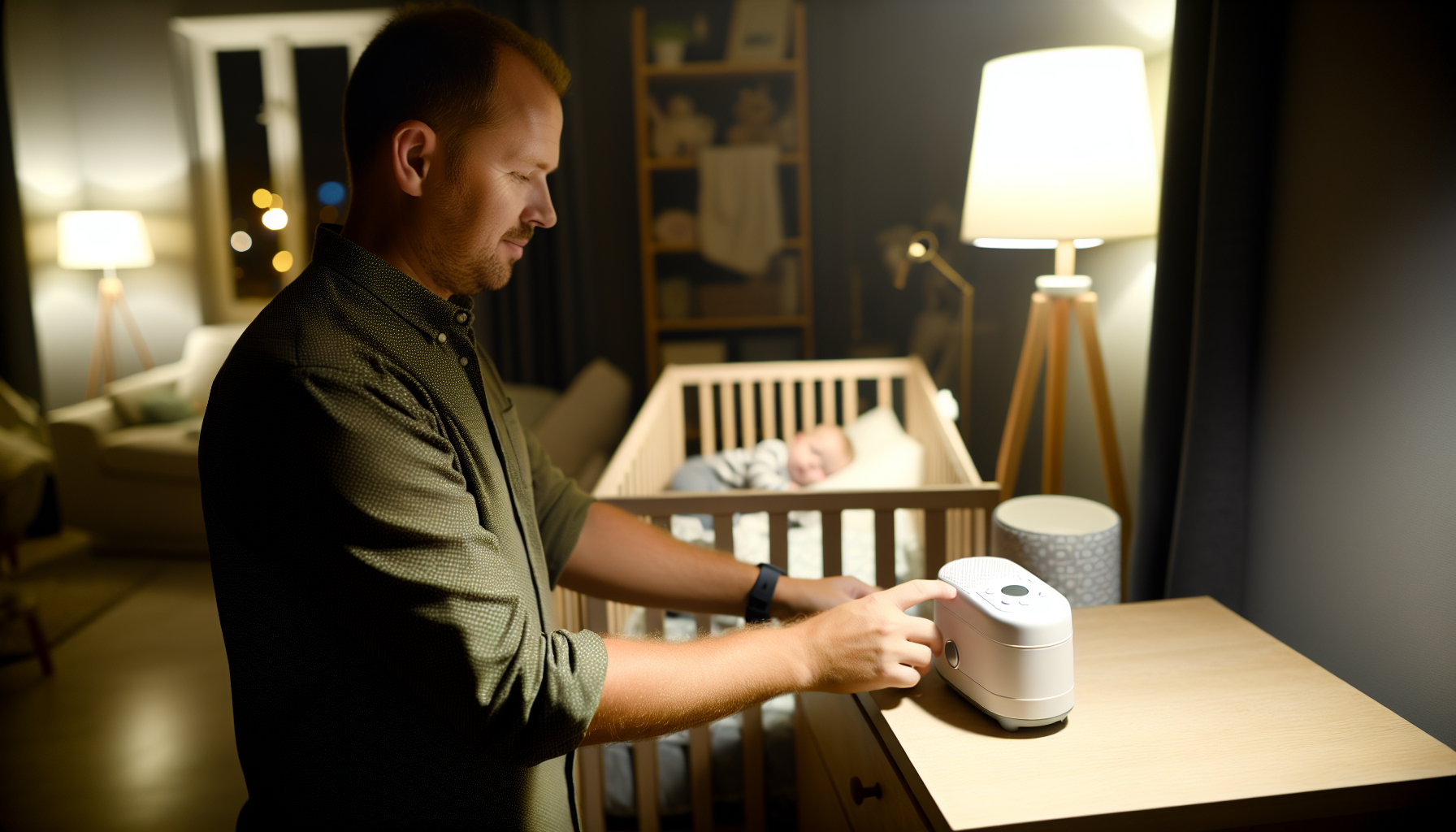 White noise machine on nightstand next to sleeping baby in crib